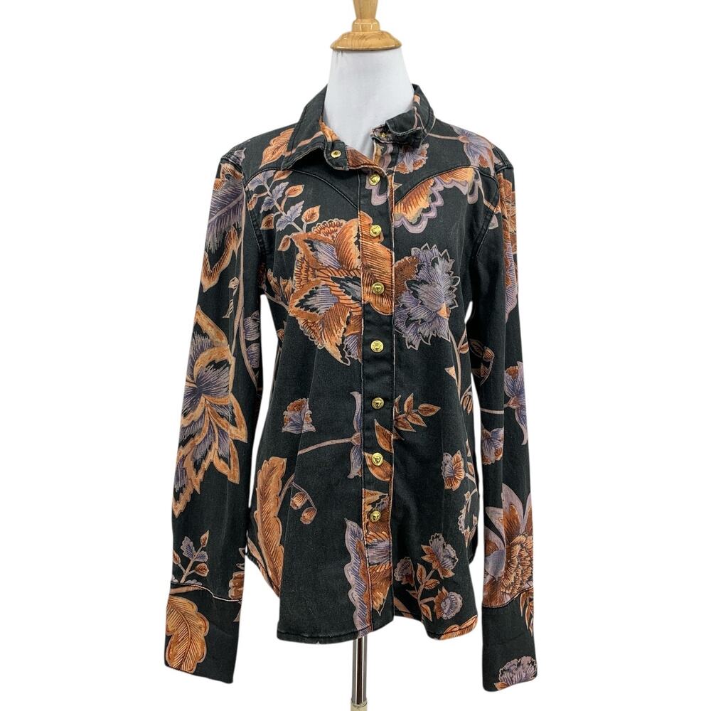 Hayley Menzies Shirt Womens L Large Denim Floral Long Sleeve Snap Buttons Collar